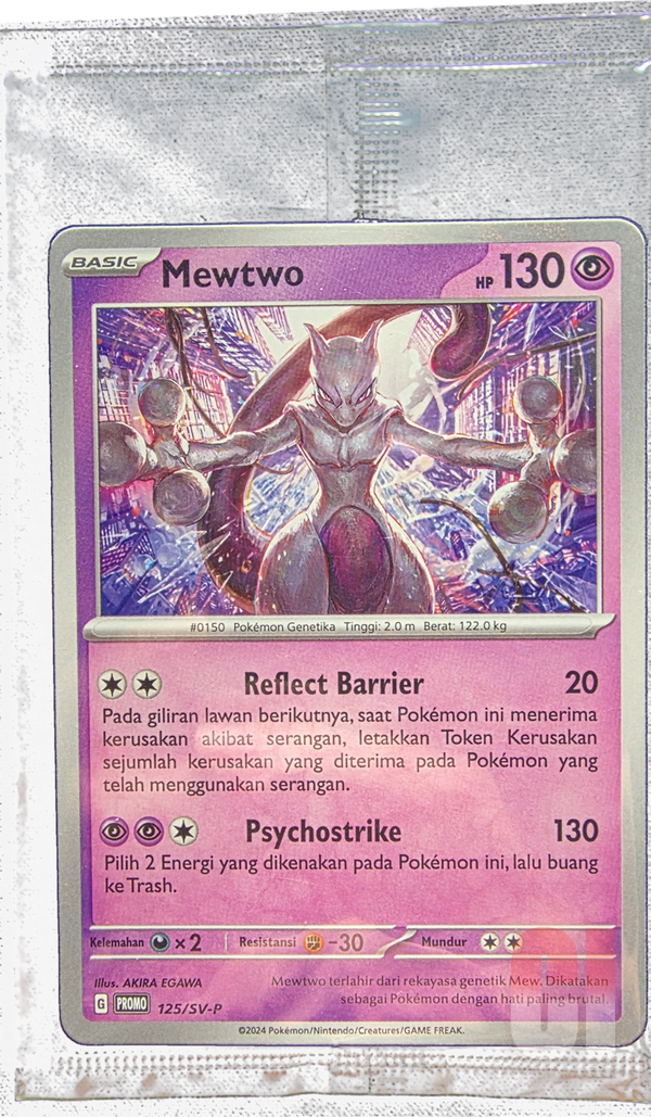 Mewtwo 125/SV-P Indonesian promo in clear factory sealed pack, transparent background