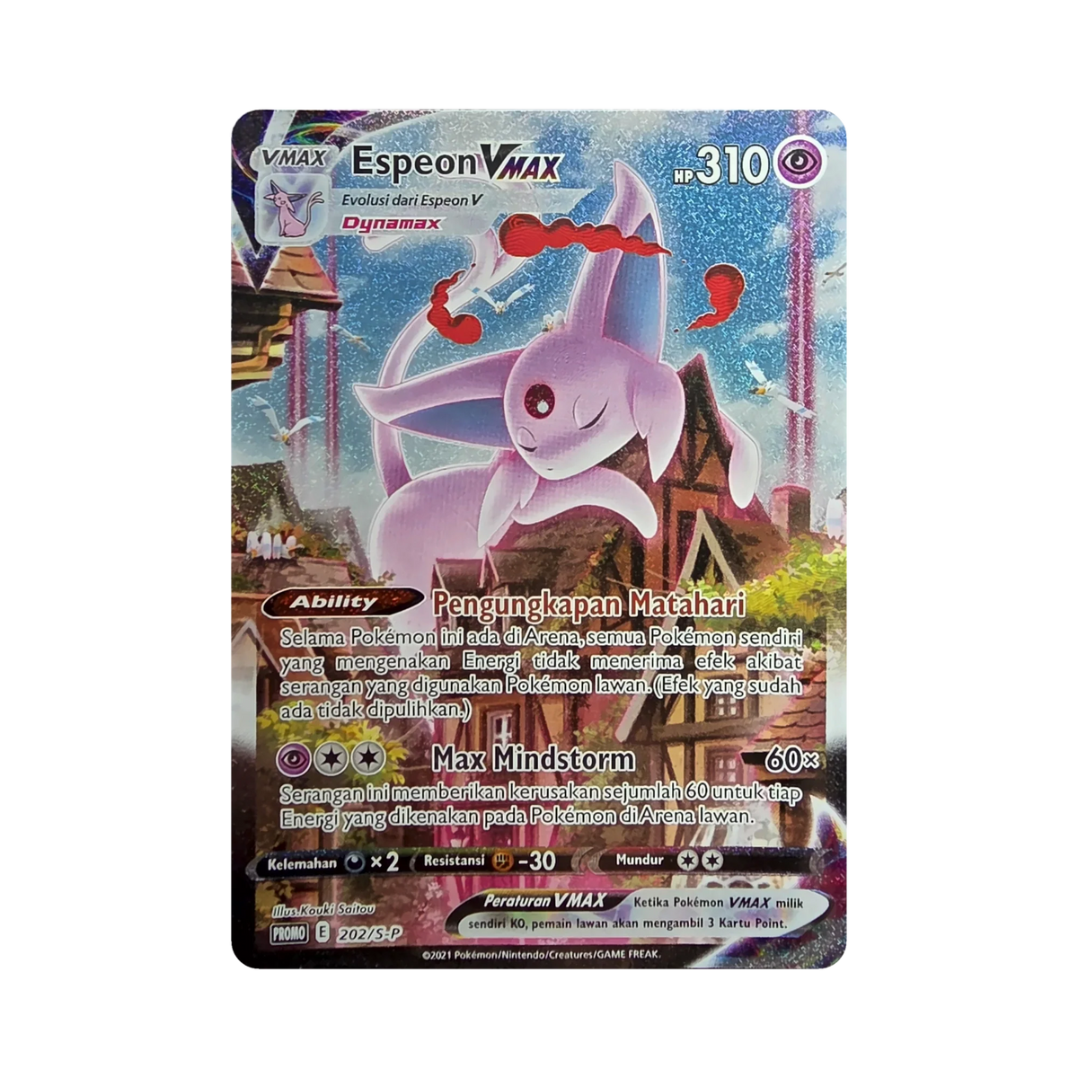 Espeon VMAX 202/S-P card close-up through clear sealed sleeve