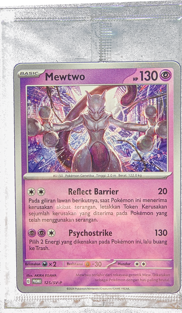 Mewtwo 125/SV-P Indonesian promo in clear factory sealed pack, transparent background
